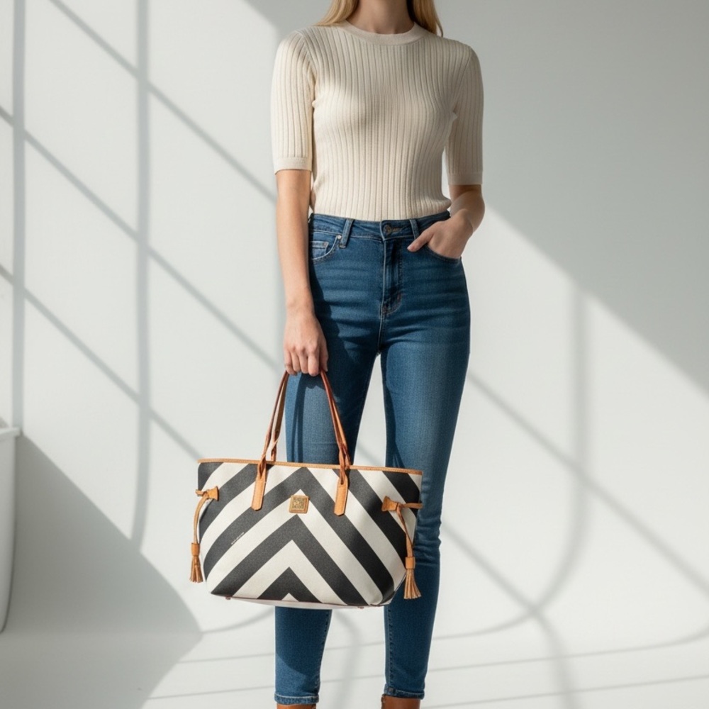 Dooney & Bourke Large Chevron Bailey Tote Black White Leather Trim EUC